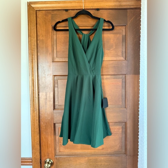 Lulus Wonder Whirl Dark Green Twist Back Skater Dress - Picture 4 of 7